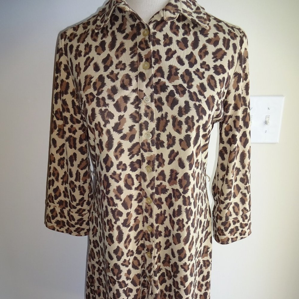 Vintage Womens Express World Brand Dress 7 8 Brown Animal Leopard Print Korea